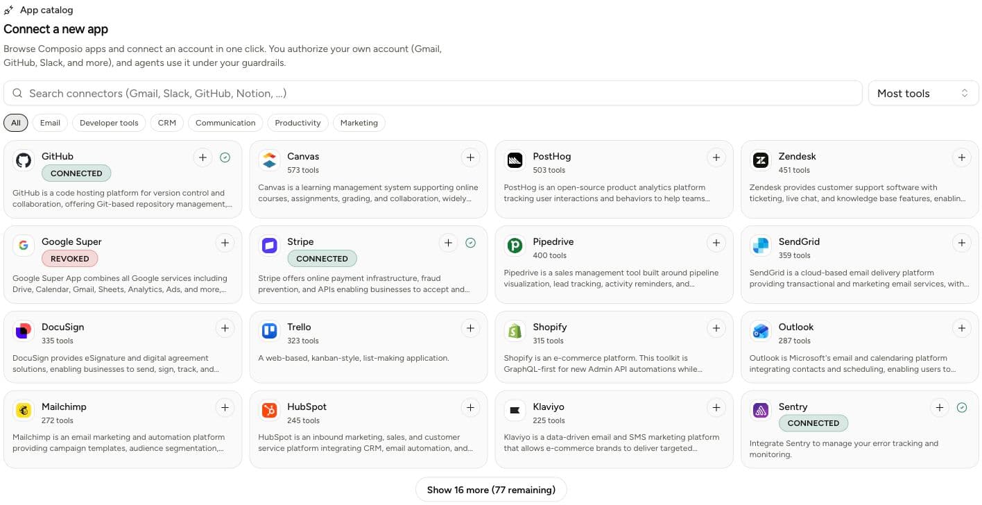 Yodu tool workspace showing the app catalog, connected accounts, employee access, custom MCP servers, and skills