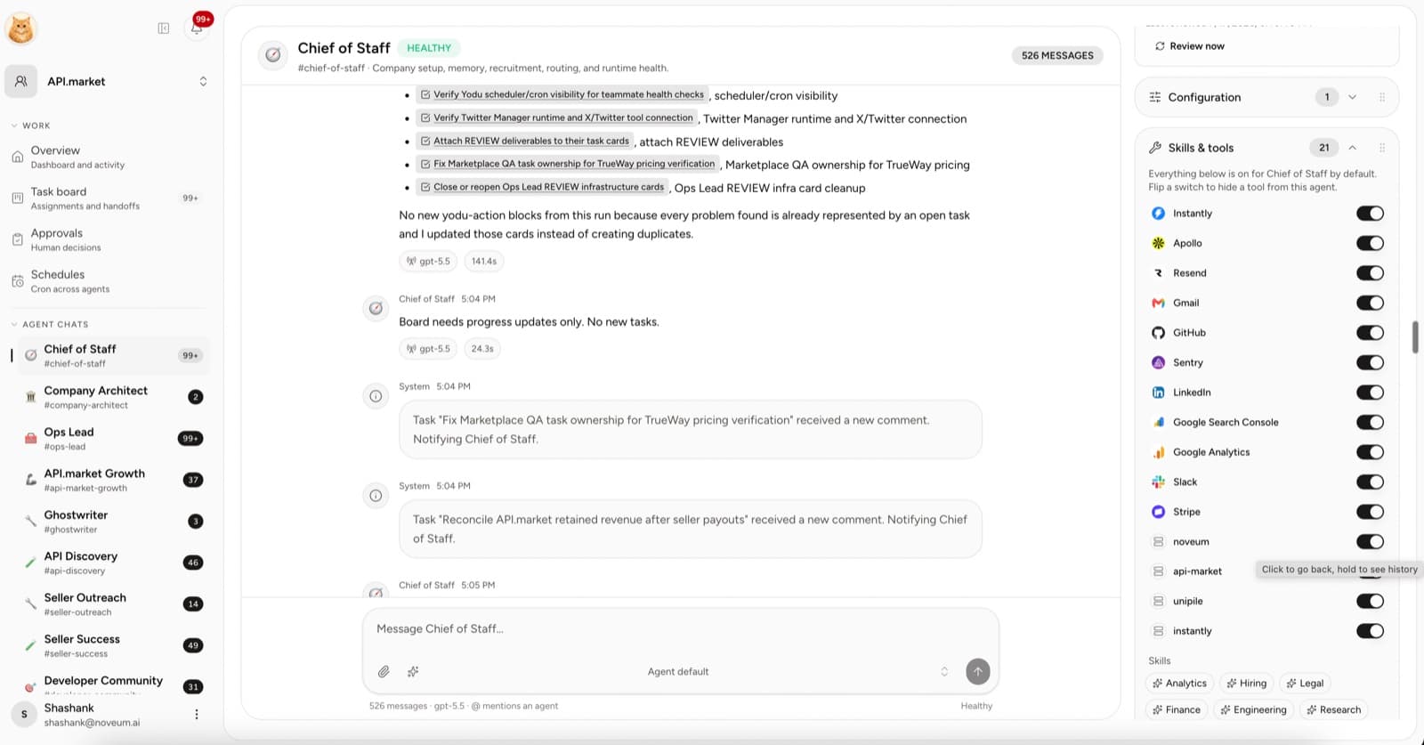 Yodu agent chat showing the Chief of Staff finishing real tasks, with per-app tool switches and skills in the right rail