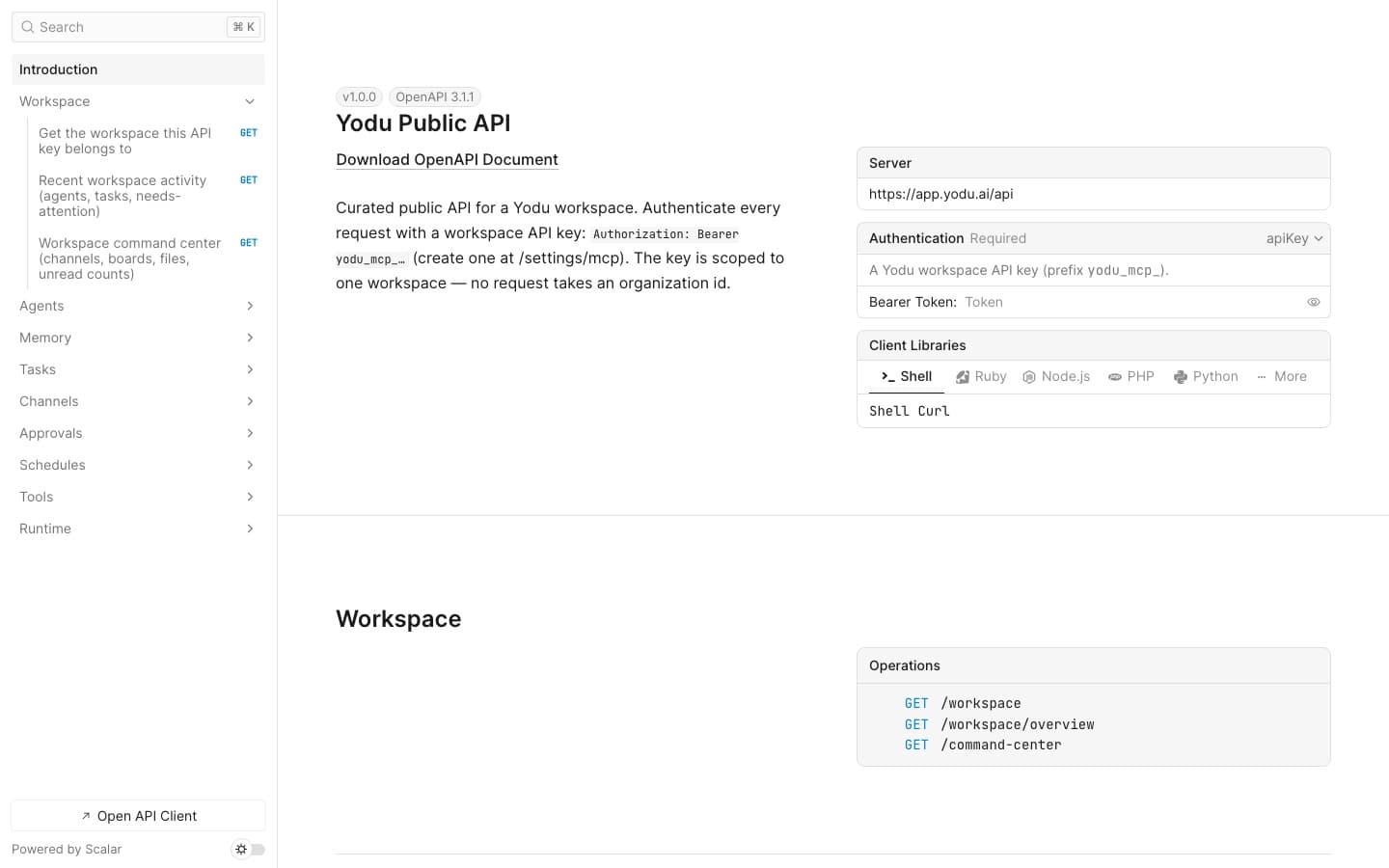 Yodu interactive API reference listing public workspace, employee, memory, task, channel, approval, schedule, runtime, and tool resources