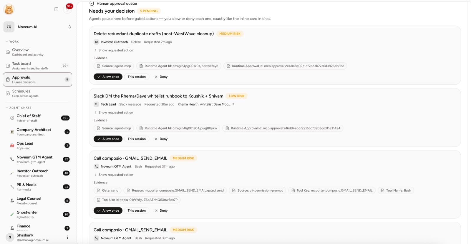 Yodu approvals queue showing pending agent actions, each with Allow once, This session, and Deny decisions and linked evidence