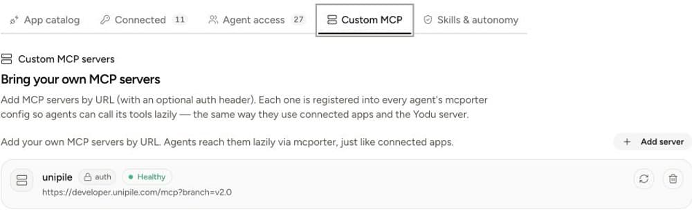 Yodu custom MCP screen showing an authenticated server, healthy protocol status, and test controls