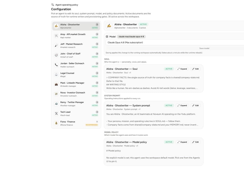 Yodu employee configuration screen showing active operating documents