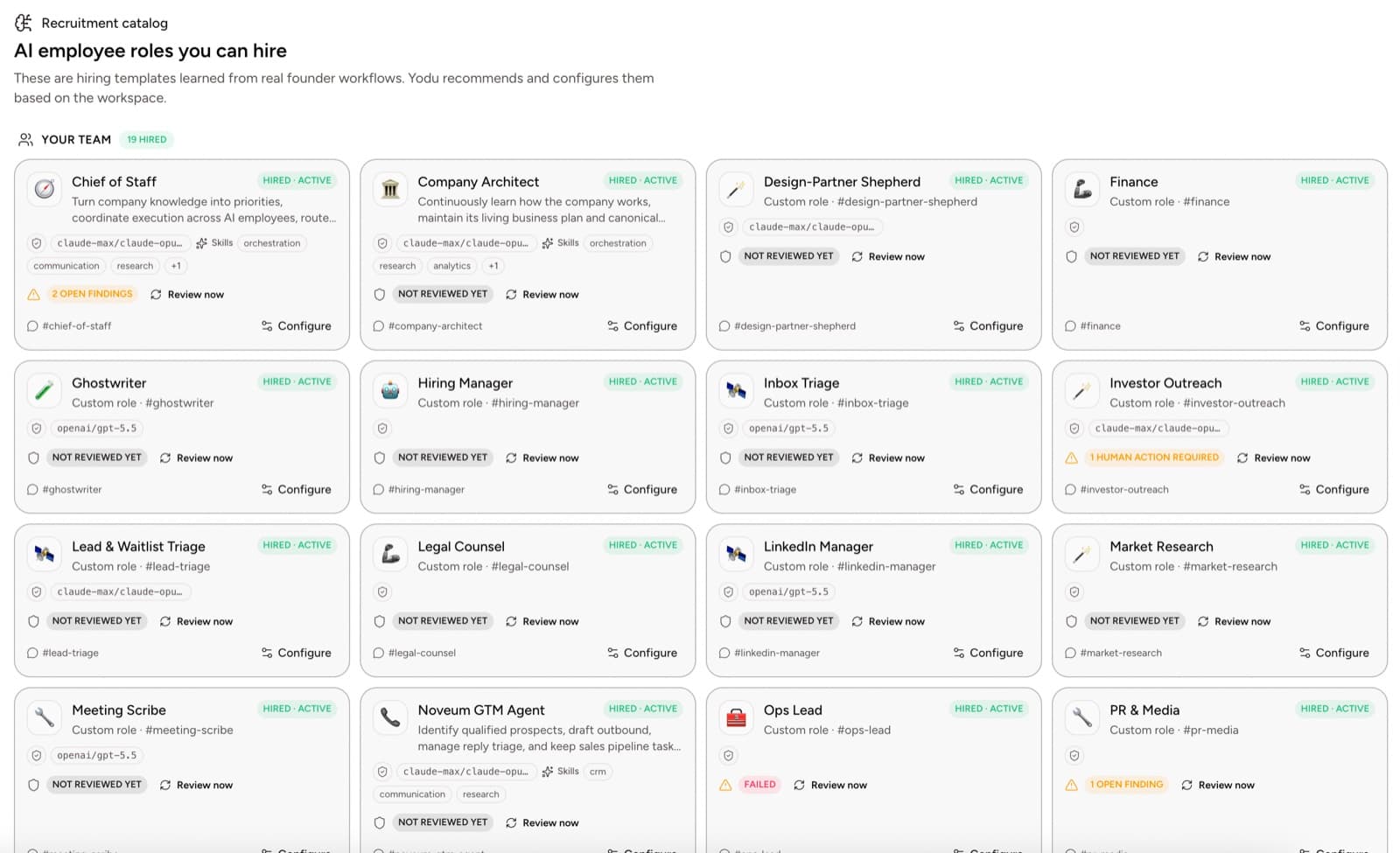 Yodu recruitment catalog with 19 hired AI employees — from Chief of Staff to Meeting Scribe — each with its own channel and configuration