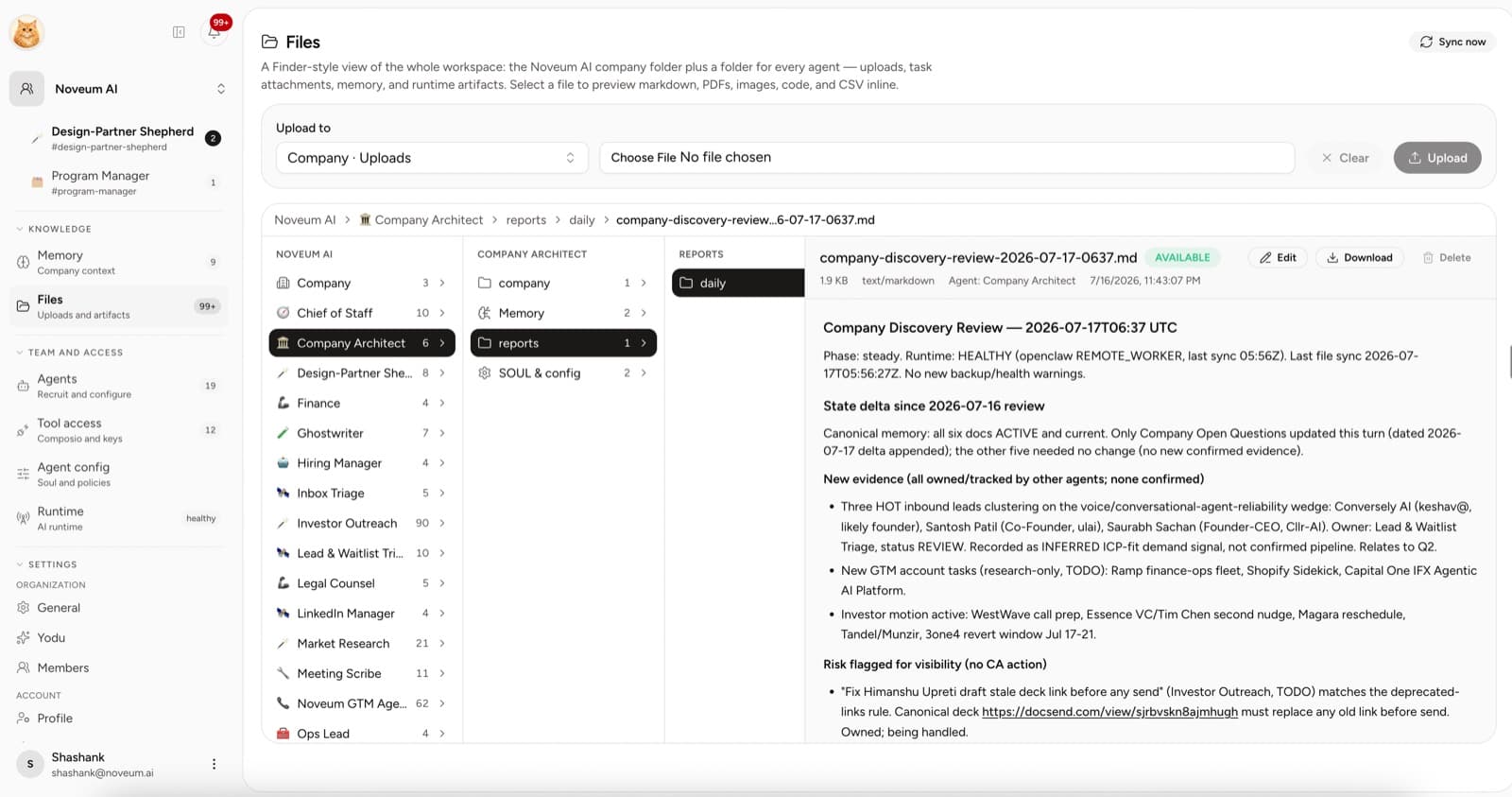 Yodu file browser showing company and employee folders with durable uploads and generated artifacts
