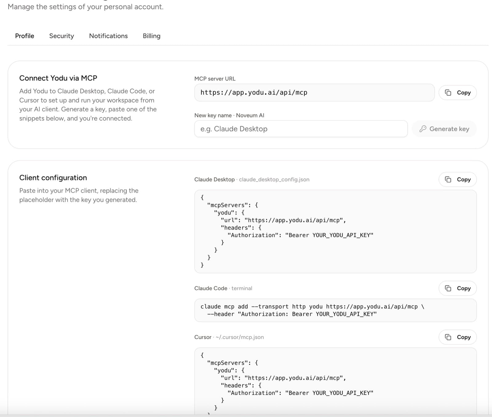 Yodu MCP and API settings showing the public endpoint and configuration snippets for Claude Desktop, Claude Code, and Cursor without a live credential