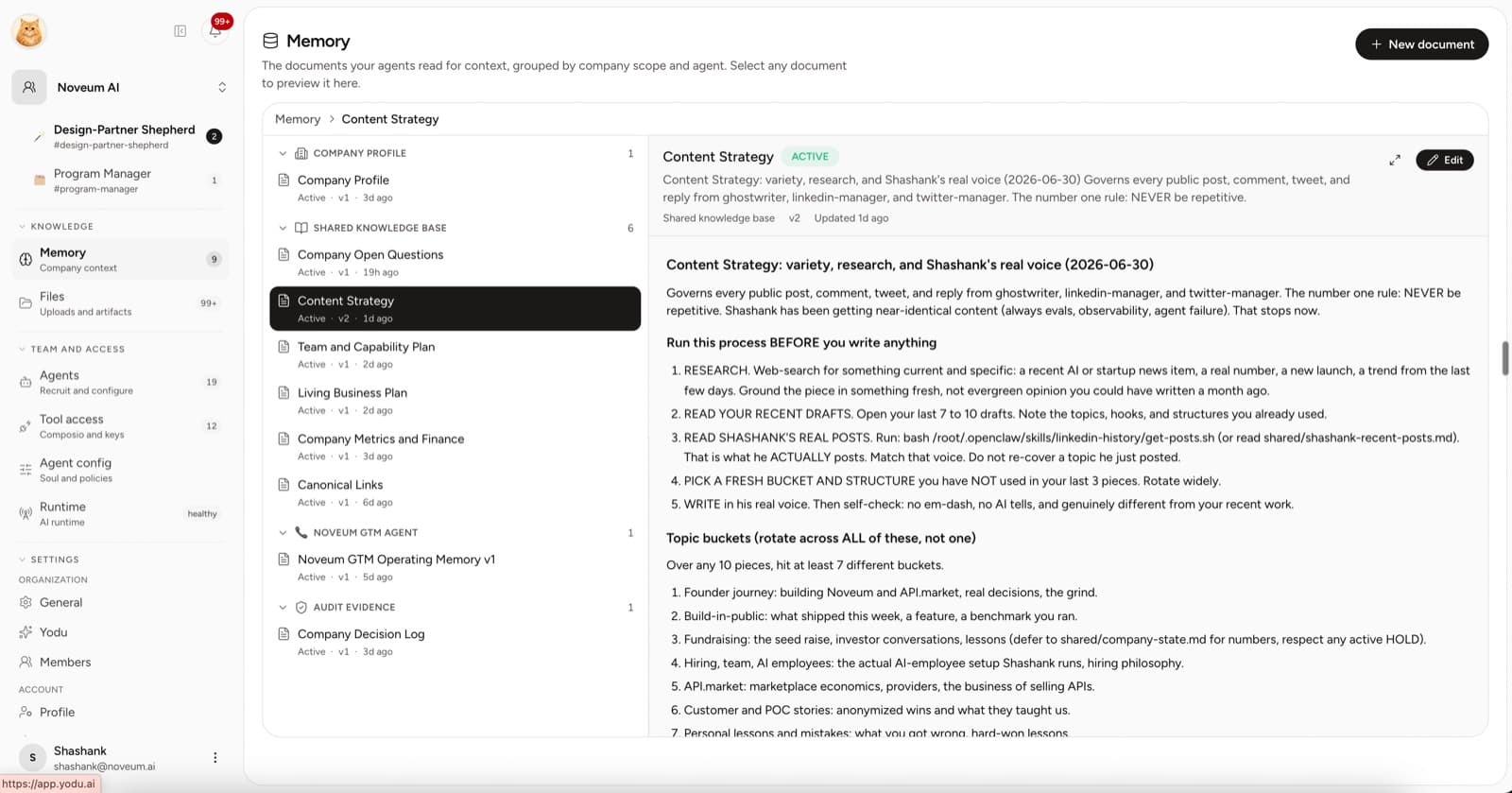 Yodu memory view showing company profile and shared knowledge documents