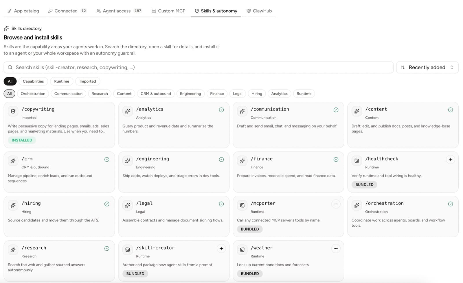 Yodu skills directory showing installable capabilities across research, content, CRM, engineering, finance, and legal