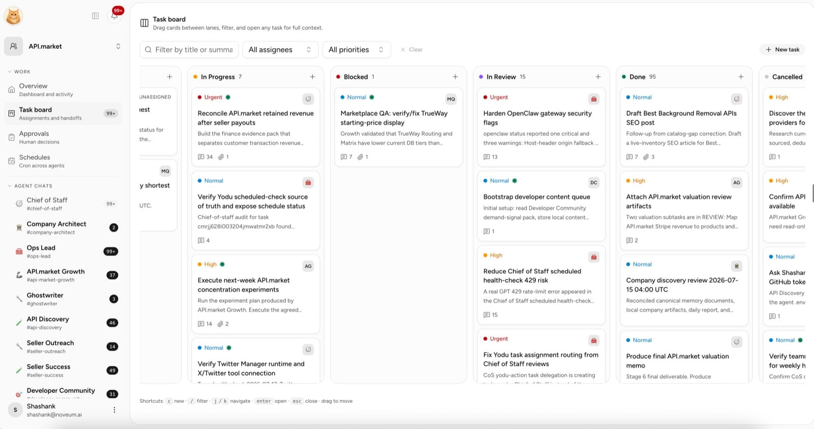 Yodu task board showing work moving from triage through execution, review, and completion